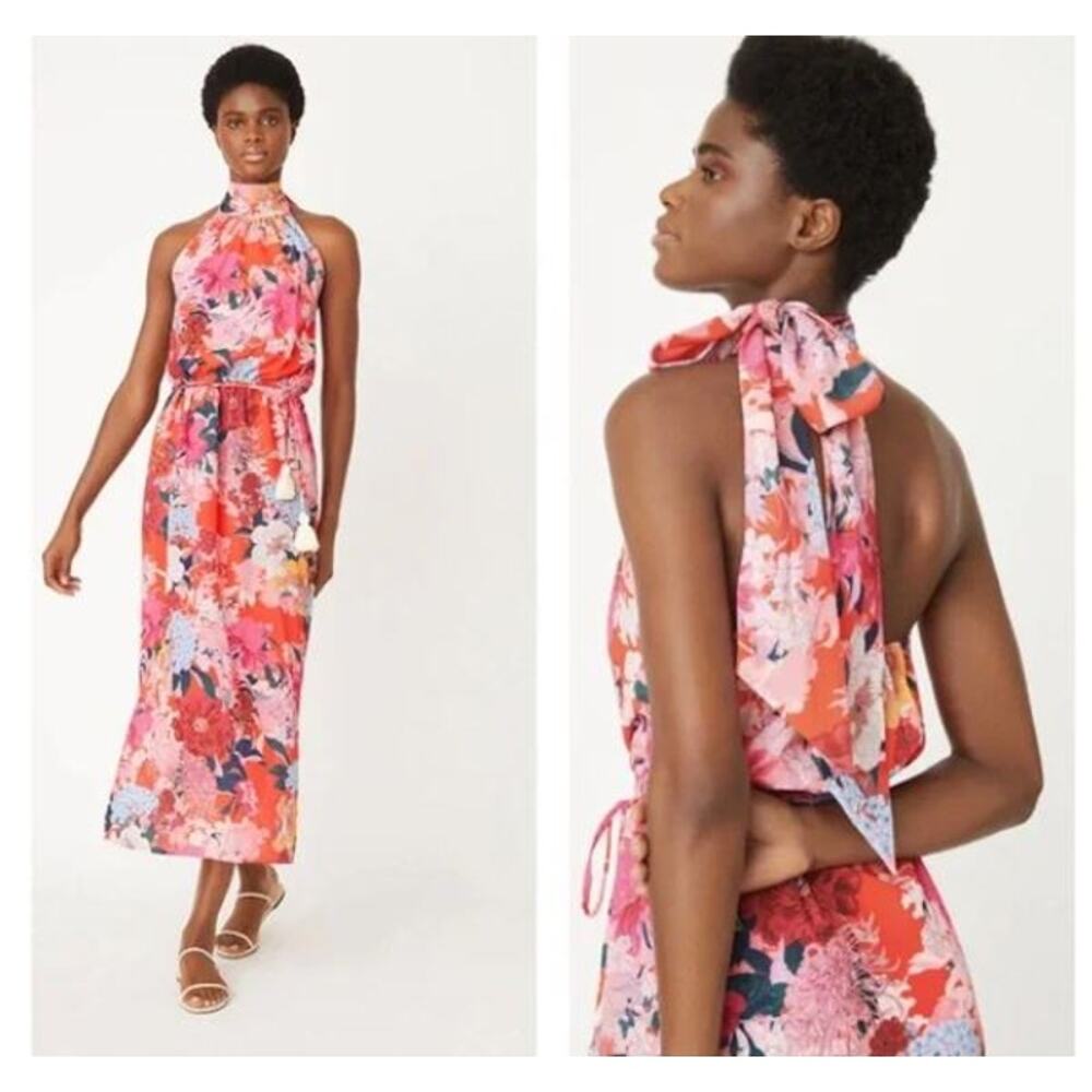CARA CARA Allison Tie Neck Midi Dress Pink Floral Size XS‎
